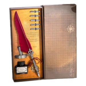 Antique Quill Pen Retro Engraved Feather Dip Pen Gift Set with 5 Interchangeable Tip And Inkwell For Beginner Collector