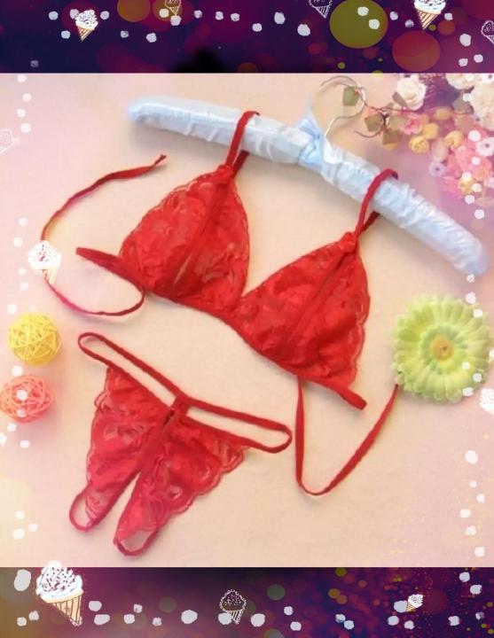 lazada sexy lingerie LASSE Lace Bra and Satin Shorts 2 Piece Set | Large Size Sexy Lingerie Euro  Style Underwear Casual Pants Nightwear | Baju Dalam Wanita main image 1