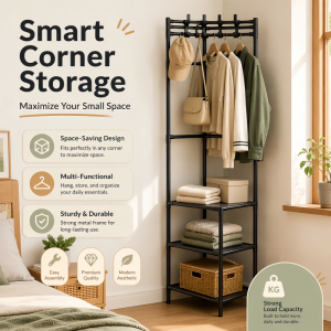 Indoor Corner Clothes Rack Simple Design Iron Material for Bedroom Storage Organization Utility Floor Standing Coat Hook