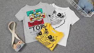 Áo thun ngắn tay tùy chỉnh cho trẻ em Trung Quốc CNY áo cho bé trai in hình sư tử hoạt hình tay ngắn phong cách truyền thống Tết Nguyên đán NZYP