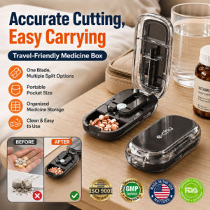 Medicine Organizer Box Portable Pill Splitter Precision Pill Cutter 4 Way Travel Pill Case Quarter Cut