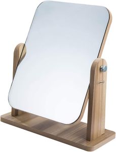 Wooden Desk Mirror 360 Degree Swivel Mirror Single-Sided Makeup Table Mirror Portable Removable Countertop Private Room High-Definition Make Up Mirror