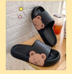 [QUALITY+] Womens Bearbear Sided Print Extra Thick and Soft Bottom Black/White Colour Flip-Flop Casual Outdoor Female Size Summer Slipper Sandal Kasut Sliper Perempuan (Size Euro 36-41)