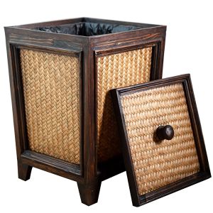 Rattan basket wooden trash can-hand woven basket trash can with decorative lid natural wood trash can for living room bedroom or bathroom/
