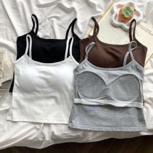 NOVAWEAR Korean Style Spaghetti Straps Camisole Simple Cotton Chest Pad Camisole Tank Top Bottoming Shirt Slim Crop Top Spring Summer