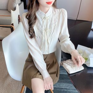 Ammin หัวเข็มขัดปักลายคอตั้งสไตล์จีนดั้งเดิมเสื้อชีฟองสวยสดงดงามAtasan Sifon ปักคอเต่าคู่หวานแหวววก2024ฤดูใบไม้ผลิ