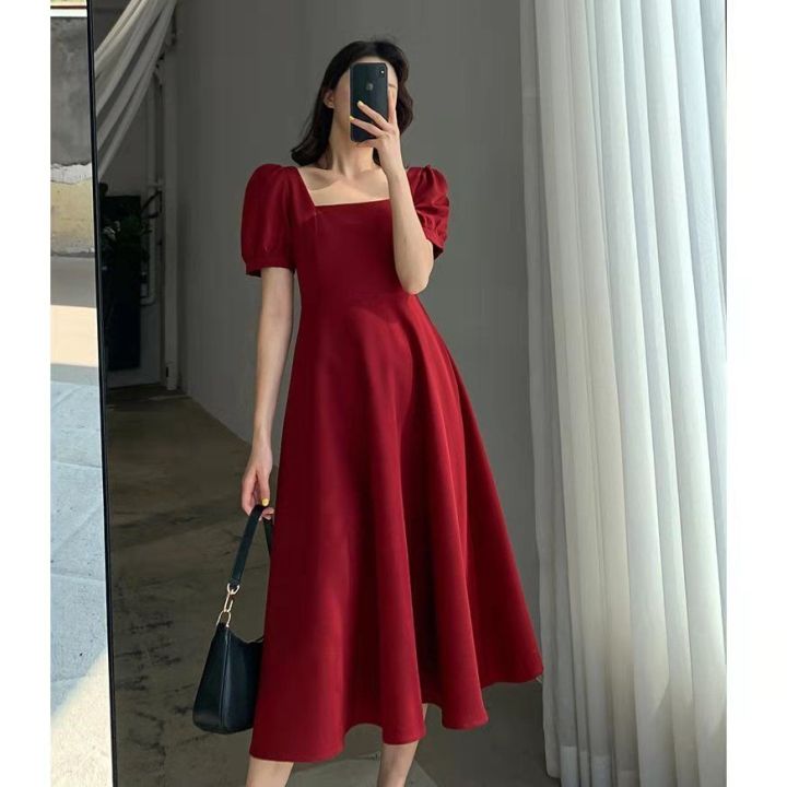 Chinese New Year Dress CNY Red Dress INS Hepburn Style Square Neck Slim ...