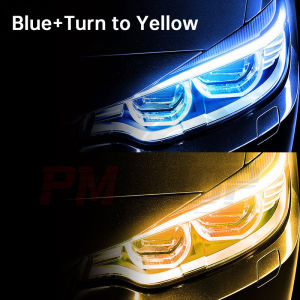 PMShop 2pcs Car Led DRL Daytime Running Light Flow Running Turn Signal Light Motorcycle Soft Tube LED Strip Guide Dual Color Car Lamp Blue/Yellow