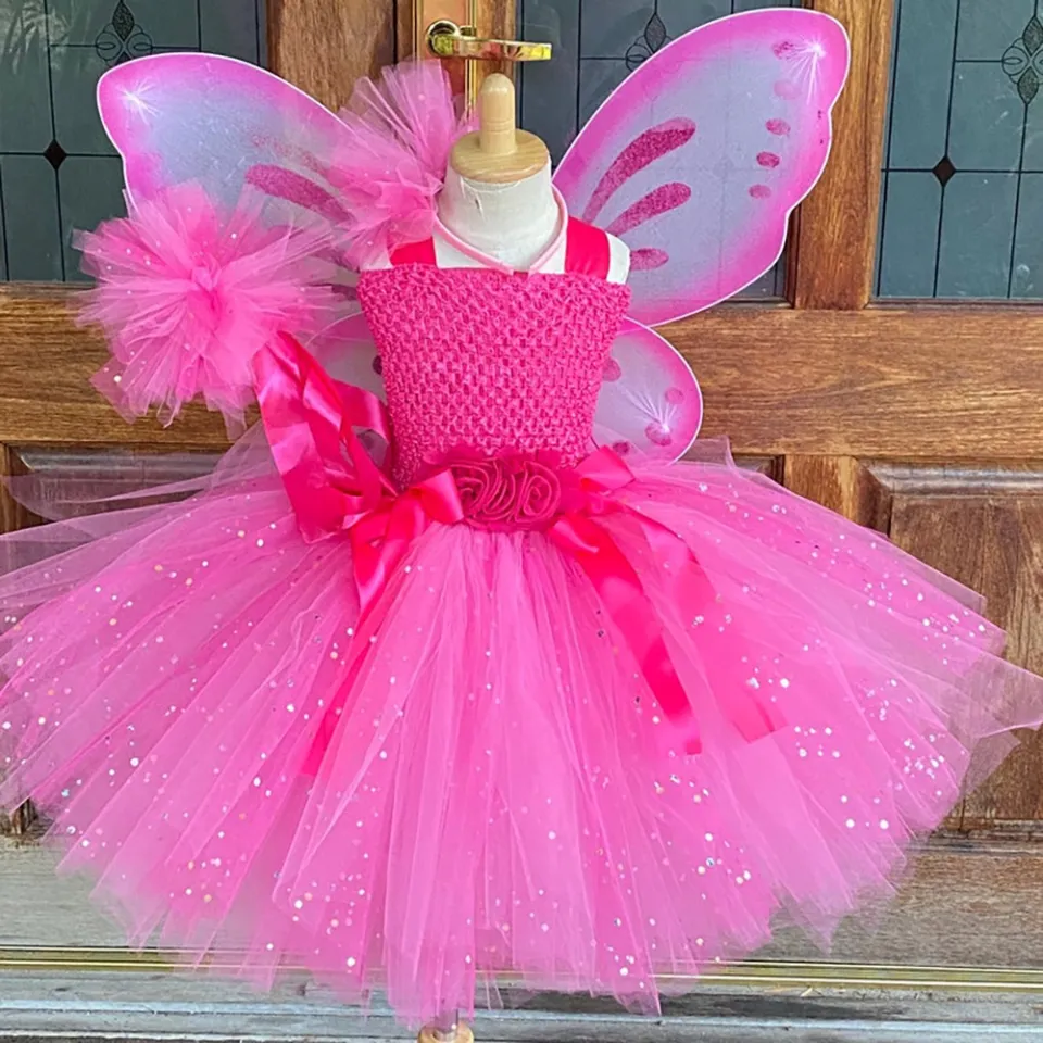 Girls Hot Pink Glitter Flower Tutu Dress Kids Butterfly Fairy Dresses with Wing and Stick Hairbow Children Birthday Halloween Cosplay Costume Dress Lazada PH