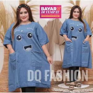 Face Dress Jeans Jumbo 4XL Mini Dress Pendek Kasual Bordir Atasan Tunik Big Size