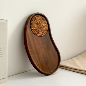 BERMA BABY Cashew Solid Wood Tray with Woven Mat Coffee Cake Tea Tray Acacia Wood Home Coffee Shop Cup Coaster