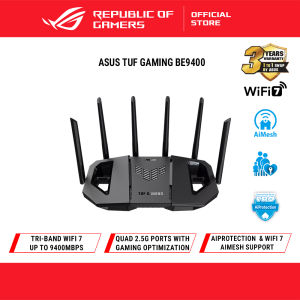 ASUS TUF Gaming TUF-BE9400 Tri Band WiFi 7 (802.11be) Extendable Gaming Router Quad 2.5G ports 3-step Port Forwarding Smart Home Master AiMesh support and AiProtection for Network Security.