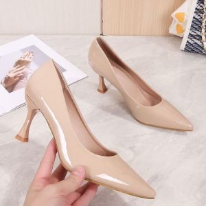[Free Shipping] New Nude-Colored Patent Leather Stiletto Heels Elegant Pointed-Toe Pumps For Women Suitable For All Seasons And Can Be Worn As Work Shoes