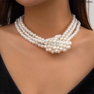 [COD] WEICHENG Fashion Black White Imitation Pearl Patchwork Chain Necklace For Women Vintage Multilayer Bead French Choker Jewelry