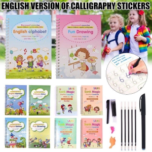 4 Books + 5Pens Magic Practice Copybook Wiping Childrens  Magic Magic Writing Sticker English Version