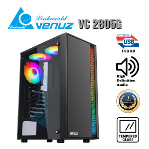 VENUZ ATX Tempered Glass Gaming Case VC2805G with LED RGB Strip & RGB Fan x 3 – Black