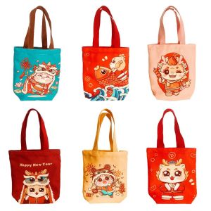 TINGTIAN Letter Canvas Dragon Shoulder Bag Animal Print Large Capacity Cartoon Dargon Tote Bag Gifts New Year Gifts Bag Happy New Year Handbag Shopping