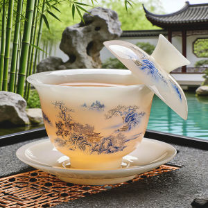 冰种璞玉玉瓷功夫茶具家用盖碗套装办公室泡茶器公司商务茶具