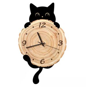 BLACK CAT WALL CLOCK PENDULUM SWING TAIL DECORATIVE CLOCKS SILENT MUTE