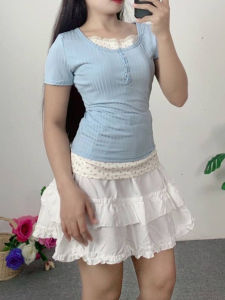 ชุดเซ็ตแฟชั่นเก๋ เสื้อยืดฟ้า กระโปรงลูกไม้