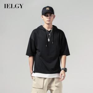 IELGY เสื้อยืดแขนกลางเสื้อสวมคอมีฮู๊ดสไตล์ตามท้องถนนสไตล์เกาหลีสำหรับผู้ชาย