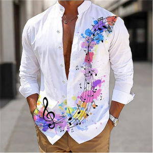 Summer 2026 Mens Shirt Long Sleeve Music Note 3D Printed Stand Collar Single Breasted Cardigan Hawaiian Casual Mens Shirt 6XL