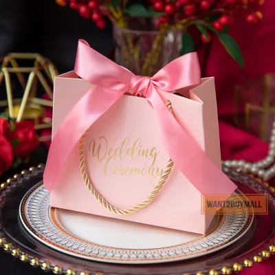 Ribbon Tote Paper Door Wedding Majlis Kahwin Door Gift Bag Candy Box Handle Ins Goodies Party Color Kraft Packaging Beg