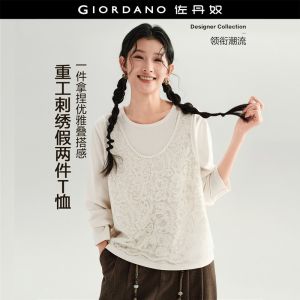 GIORDANO Women T-Shirts Fake Two-Piece Embroidered Tulle Tee Long Sleeve Fashionable Casual Relaxed T-Shirts 18326239
