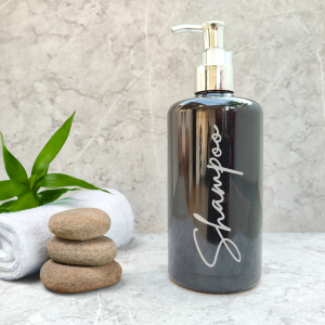 Botol Tempat Sabun Cair Shampoo Pump Dispenser Sabun Aesthetic 500ml Motif Hitam Tutup Silver