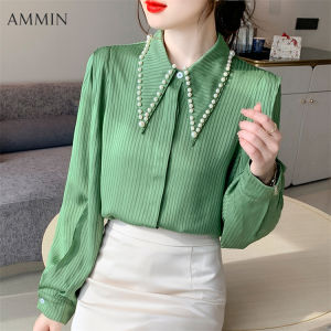 AMMIN Áo Sơ Mi Sọc Dài Tay Đính Cườm Đa Năng Mới Phong Cách Hàn Quốc Áo Voan Tay Phồng Công Sở Thường Ngày Thanh Lịch Cá Tính Thời Trang Cho Nữ