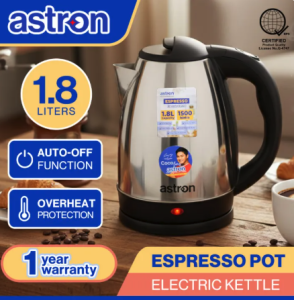 Astron ESPRESSO1.8 Electric Kettle/Espresso Pot - Silver | 1.8 Liter Capacity | Dual Function | Quick-Boil | Overheat Protection