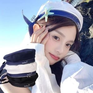 IFFINE Letter Embroidery Sailor Hat Japanese Style Ribbon Bowknot Beret Hat Sweet Breathable Octagonal Cap for School Stage Performance