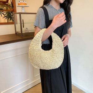 MOIRA กระเป๋าคลัทช์ กระเป๋าฟางลาฟิต ความจุขนาดใหญ่ ทำมือ กระเป๋าถือชายหาดฤดูร้อน หวาน พระจันทร์ครึ่งเสี้ยว กระเป๋าทอจากหญ้า สาวๆ