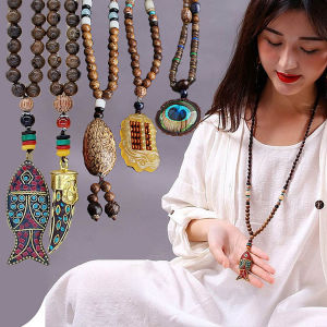 DSFCY Men Women Fish Buddhist Jewelry Mala Necklace Pendant Wood Beads Long Necklace