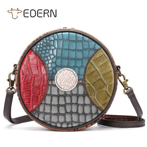 EDERN 2025 New Cowhide Womens Shoulder Bags Patchwork Small Round Bag Female Sling Bag Genuine Leather Crossbody Bag Crocodile Pattern