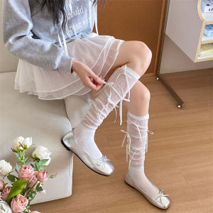 ถุงเท้าระบายอากาศสูงถึงเข่าโบว์สำหรับผู้หญิง ถุงเท้าน่องสุภาพสตรีหวาน ถุงเท้าขนบางในฤดูร้อน น่ารักกับกระโปรง