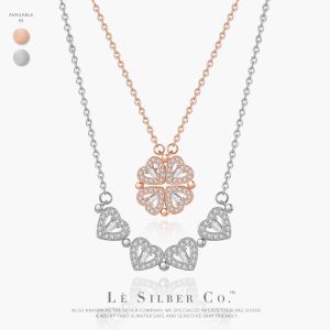 Le Silber Co. S925 Sterling Silver - Clover x Love Pendant 2 IN 1 Motion Necklace Rantai Leher Perak