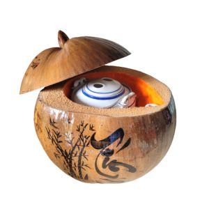 Bộ bình ủ trà trái dừa khắc chữ Tín / Bình trà 04 - 09 lít / Giữ ấm từ 3 - 6 giờ / Sản phẩm sản xuất thủ công tại Bến Tre