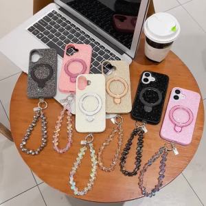 สายรัดข้อมือลูกปัดคริสตัล Dazzle สำหรับเคสศัพท์ Magsafe สำหรับ iPhone 16 15 14 13 12 11 Pro Max Plus ฝาหลังแม่เหล็ก