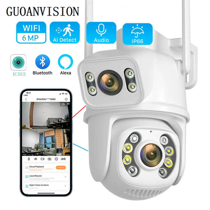 GUOANVISION 8MP CCTV Camera iCSee PTZ Dual Lens with Dual Screen Ai ...