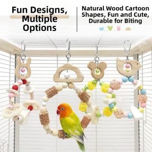 OUTOPEN Wooden Parrot Chewing Toy Hanging Ring-shaped Bird Swing Toy Garland Style Bite Resistant Bird Foraging Swing Bird Cage Use