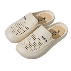 [Free Shipping] New Flat-Heeled Non-Slip Closed-Toe Slippers For Mothers Faux Leather Mid-Heel Perforated Slippers For Women To Wear Outside