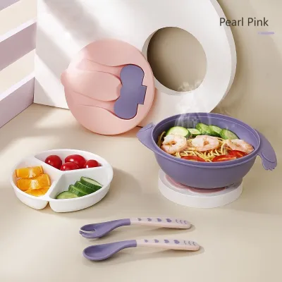 6in1 Baby Portable Feeding Bowl Set Food Grade Dining Kids Spoon Fork Plate Baby Non-Slip Anti-Drop Bowl