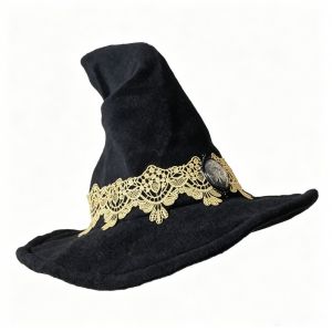 EODKUS Vintage Lace Witch Hat Tree Of Life Badge Lace Trim Wizard Hat Cosplay Elegant Black Halloween Hat Cosplay Party