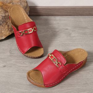 Free Shipping WomenS New Style Large-Size Casual Fashionable And Minimalist Wedge-Heeled Sandals With A Metal Buckle And A Fish-Mouth Design