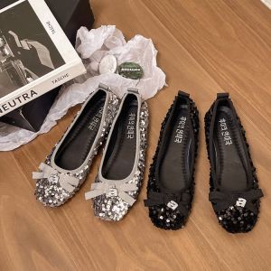 ZEEMIN  Shiny Sequined Ballet Flats Summer New Women Bow Round Toe Mary Janes Shoes Fashion Diamond Pendant Elegant Ladies Loafers