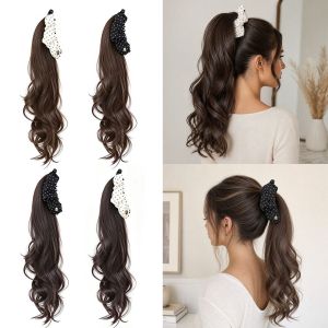 NOBLELUX Polka Dot Ponytail Wig Deep Wave Strong Wavy Curl Banana Clip Wig Grip Clip Curly Ponytail Synthetic Hairpiece Wedding Party