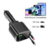 Car Charger Adapter Fast Charging Dual USB 12V-24V With Retractable Cable Multi-Port 1USB+3PD+1IPL Real-time Voltage Monitoring