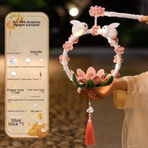 okdeals01 lantern mid autumn 纸灯笼中秋节传统 Handmade Bunny Wreath Lantern Glowing Luminous Chenille Stems Craft Chinese Lantern Ancient Style Rabbit Hoop Lamp Mid-Autumn Festival