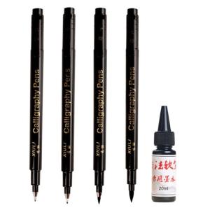 4Pcs Professional Refillable Calligraphy Pen Set Soft Tip Brush Pen Includes 25ML Inks Bottle for Handwriting Sketching